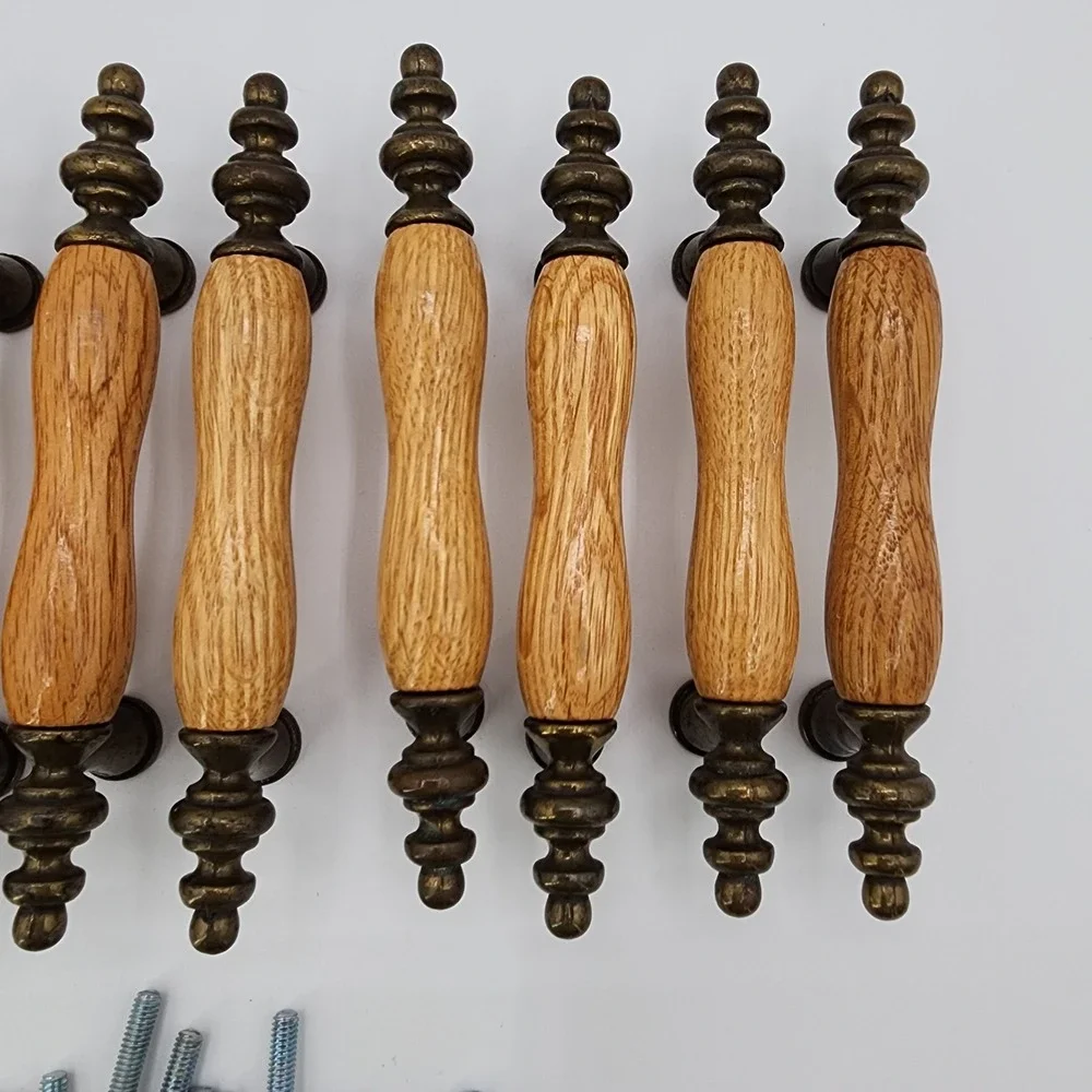 Vintage Salvaged Recycled Wood &‎ Brass Drawer Pulls Oak & Metal Cabinet Handles
